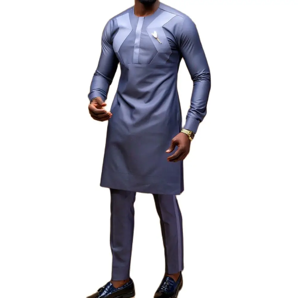 African Men Clothes Set Summer 2 Piece Outfit Printed Long-sleeved Top Trousers National Traditional Clothing Business Man Suit