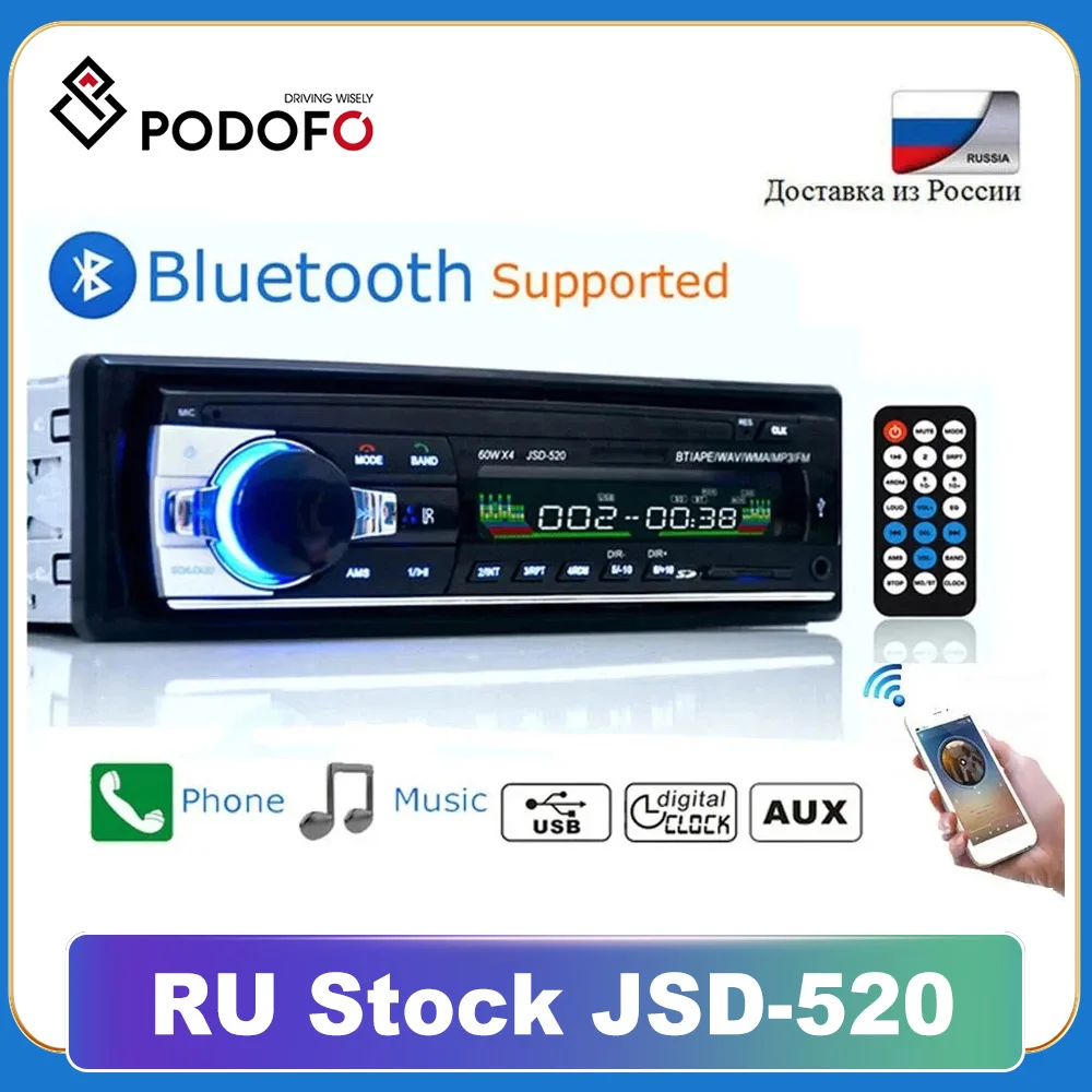 Podofo автомобильный Радио стерео плеер цифровой Bluetooth MP3 плеер JSD-520 60Wx4 FM аудио стерео музыка USB/SD с In Dash AUX вход