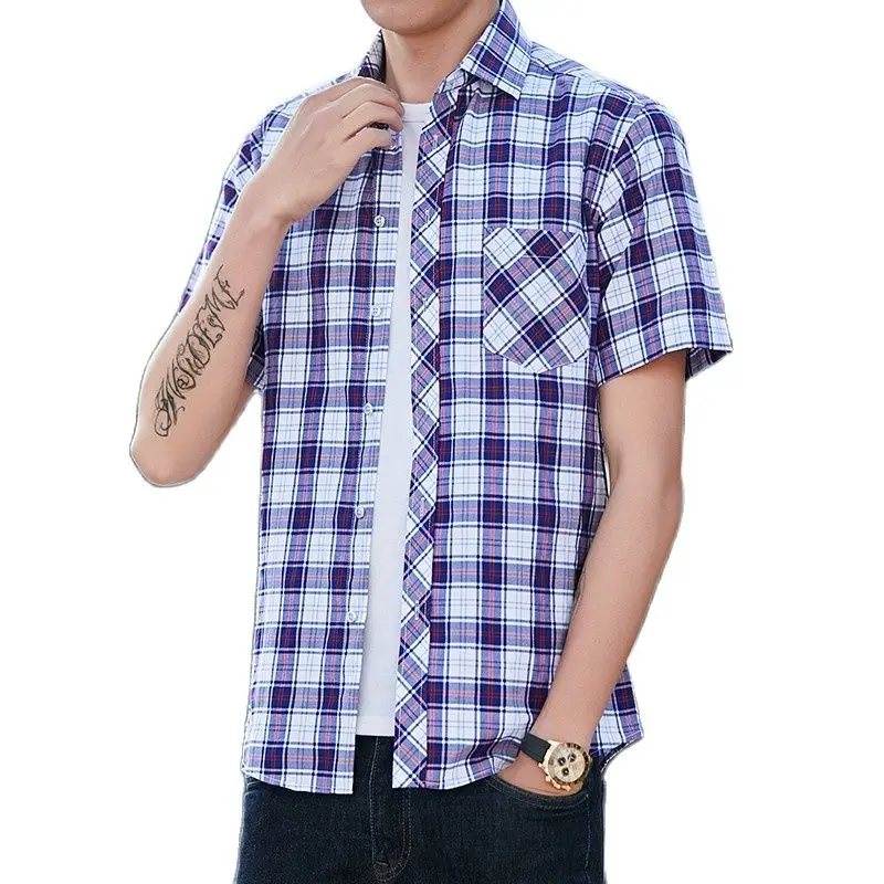 

Summer Men's Plaid Shirt Short Sleeve Brand Non-iron Daily Casual Standard-fit Checkered Soft Front Pocket Korean Style MaleTops