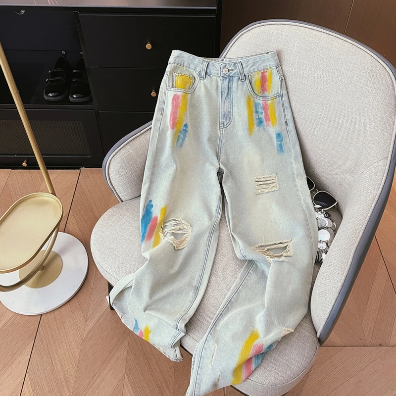 Женские винтажные джинсы Y2K синие прямые штаны с высокой талией в американском