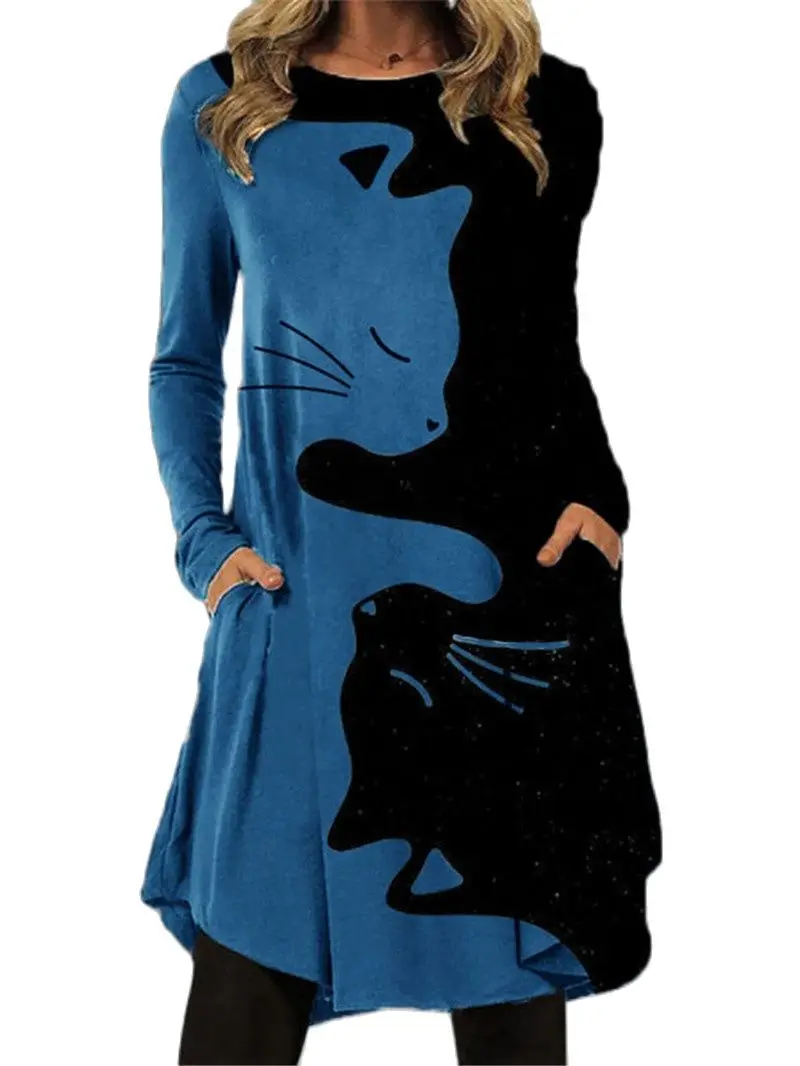 

Женское винтажное платье миди с принтом кошек, синее/черное свободное платье с оборками и карманами, повседневное праздничное платье Бохо С...