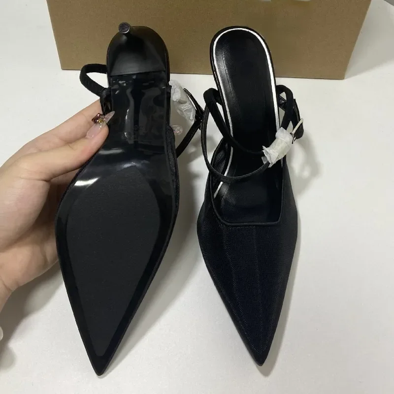 Босоножки женские на высоком каблуке с острым носком из сетчатой ткани