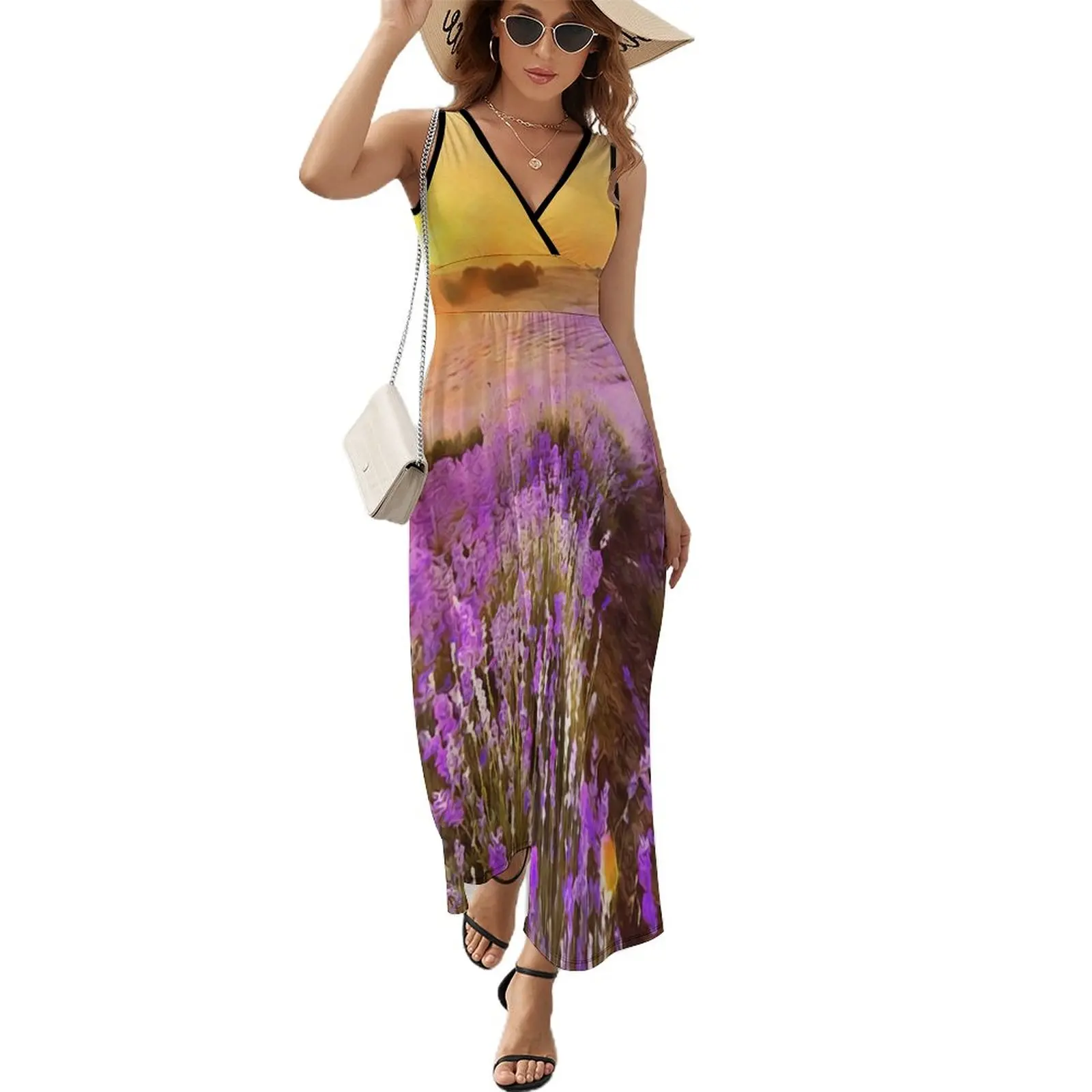 

Женское винтажное платье макси без рукавов, длинное платье лавандового цвета с принтом заката, V-образным вырезом, в богемном стиле, уличная ...