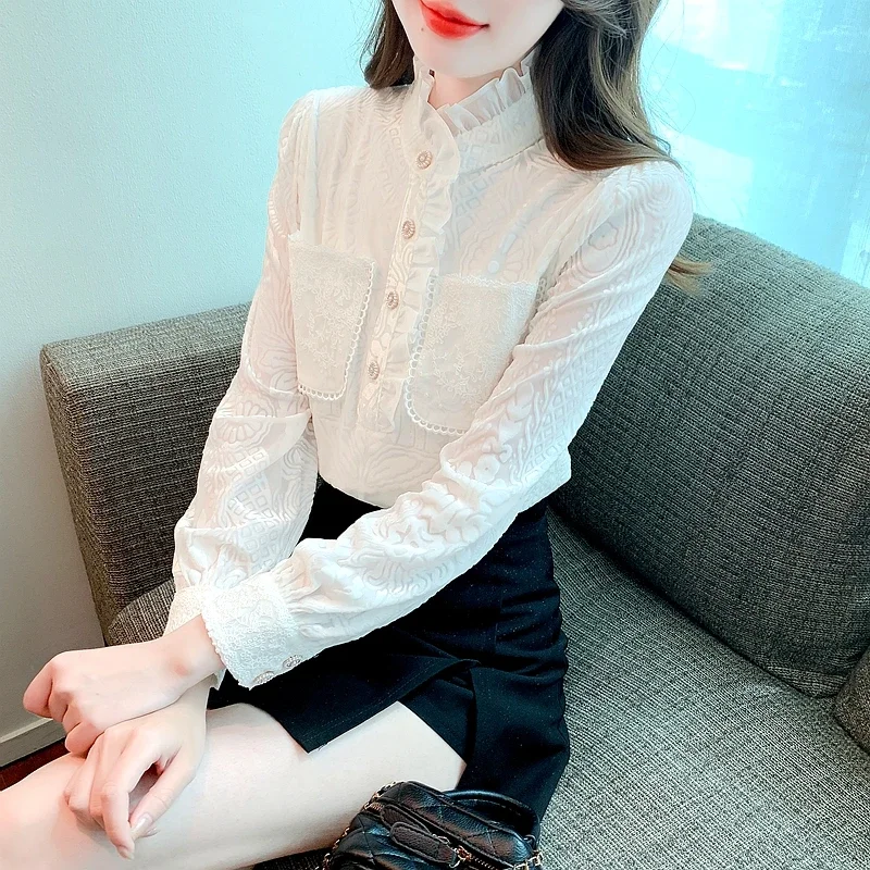 Высококачественная модная новая кружевная блузка с длинным рукавом Топ Женская