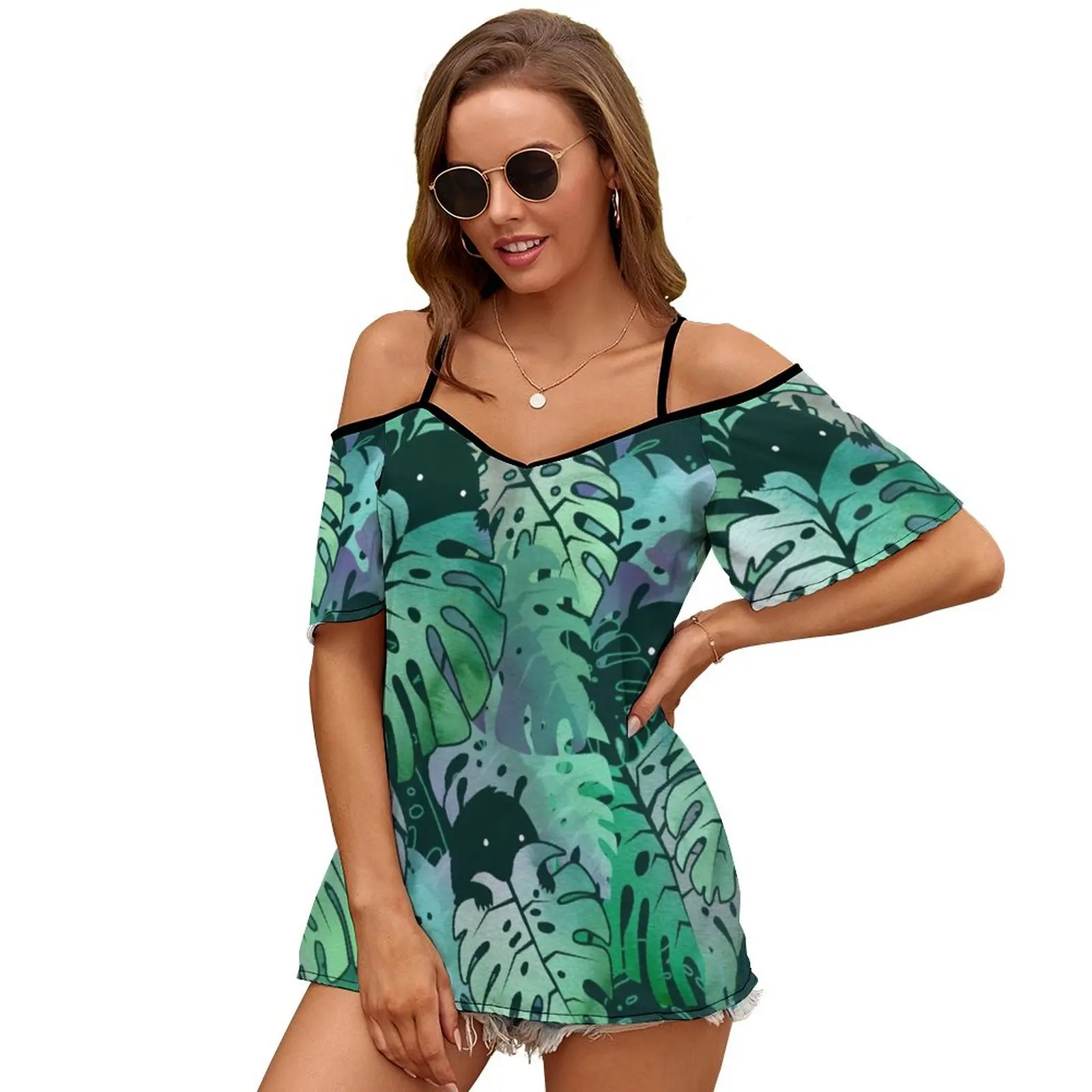 Женская блуза Monstera Monsters с открытыми плечами модная рубашка Тропическими Цветами