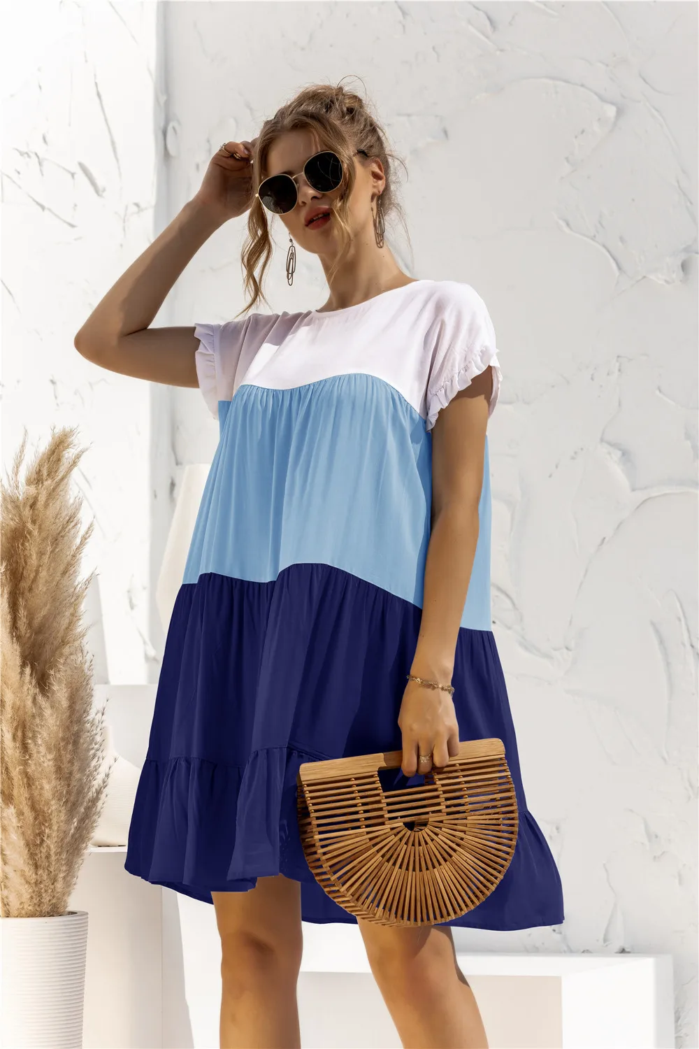 

2022 European and American Spring and Summer New Women's Patchwork Color Round Collar Loose Dress