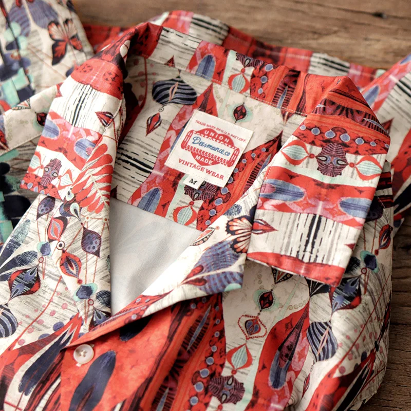 Summer short sleeve men's Japanese vintage vintage Hawaiian beach print loose casual Cuban collar shirt