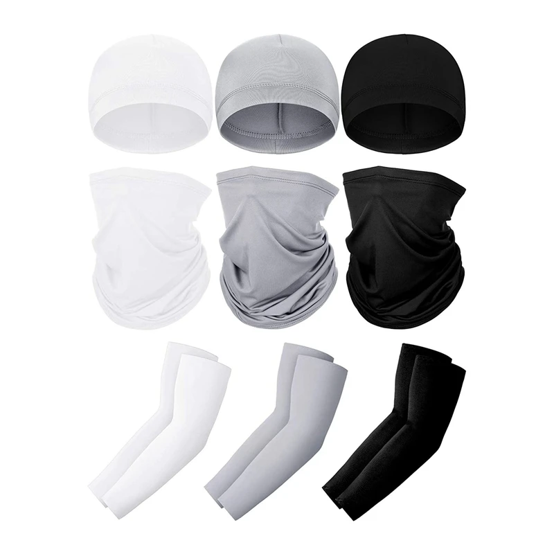 

3 Set UV Protection Neck Gaiter Scarf Face Cover Ice Silk Cooling Arm Sleeves Skull Cap Helmet Liner For Women Men