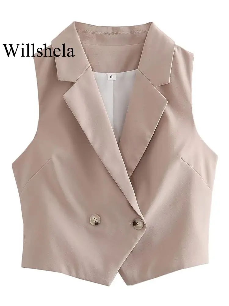 

Willshela Women Fashion Khaki Double Breasted Tank Tops Waistcoats Vintage Notched Neck Sleeveless Female Chic Lady Vest