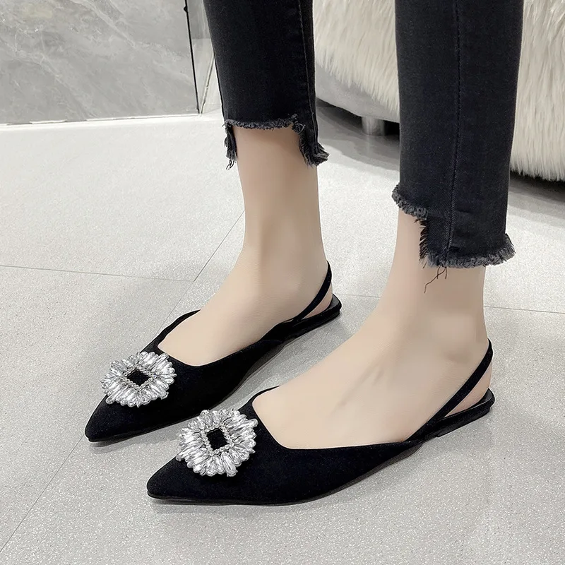 New Women Shoes Summer Sandals Pointed Toe Diamond Shoes Woman Flats Back Strappy Shoes Ladies Sandals Mules Sandalias De Mujer
