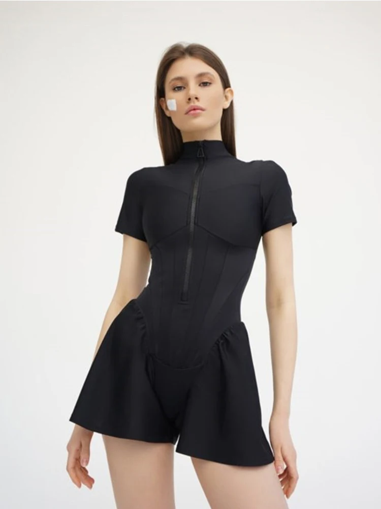 

Summer Short Sleeve Zipper Wide Leg Tight Corset Playsuit One-pieces Jumpsuit Bodysuit Sexy White Club Outfits for Women 2022