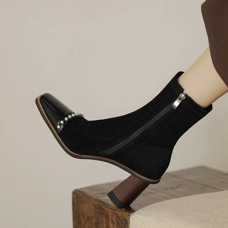 

Black Stretch Autumn Women Short Boots Square Toe Pearl Decor Apricot Botas Side Zipper Chunky High Heels Lady Winter Botines