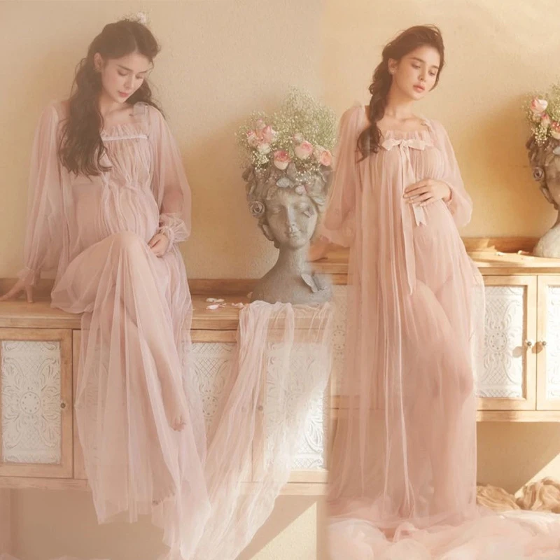 Dvotinst Women Photography Props Maternity Dresses Pink Perspective Pregnancy Pregant Dress Studio Photoshoot Photo Clothes enlarge