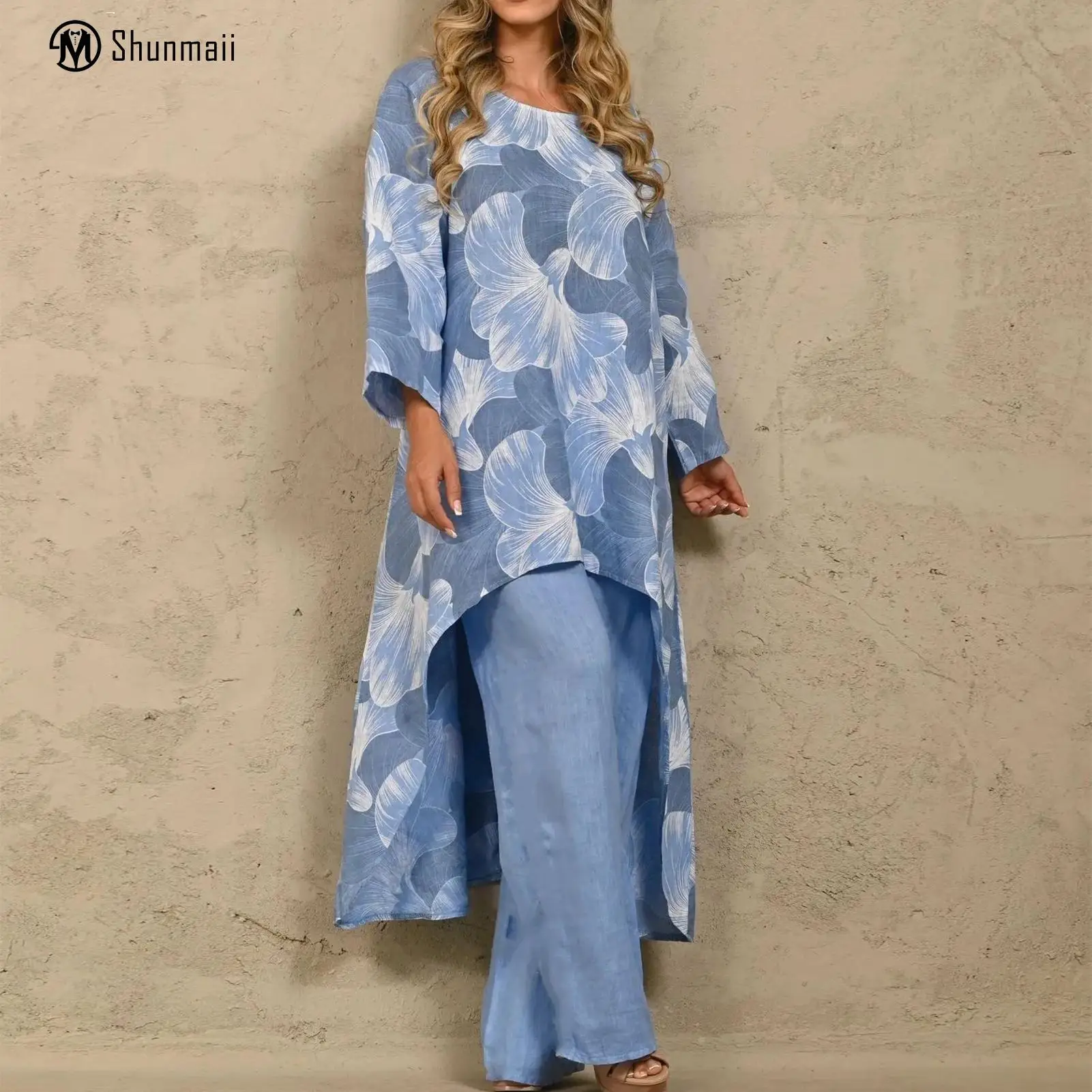 

Асимметричный Женский пуловер, комплект одежды из двух предметов, Длинные свободные дышащие брюки с длинным рукавом для отдыха и путешествий, комплект с широкими штанинами