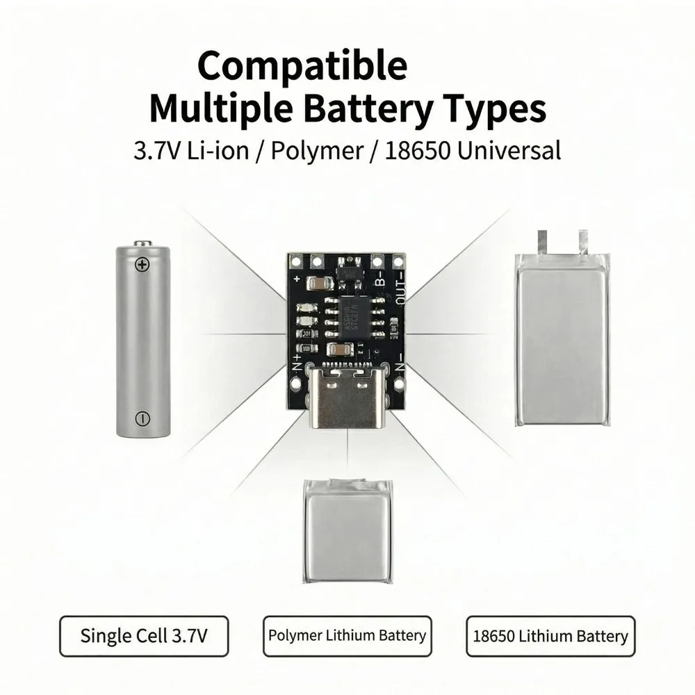 Фото Универсальная зарядная плата USB Type-C для литиевых аккумуляторов 3.7В (1-20 шт.) с защитой от перезаряда и разъемами №3
