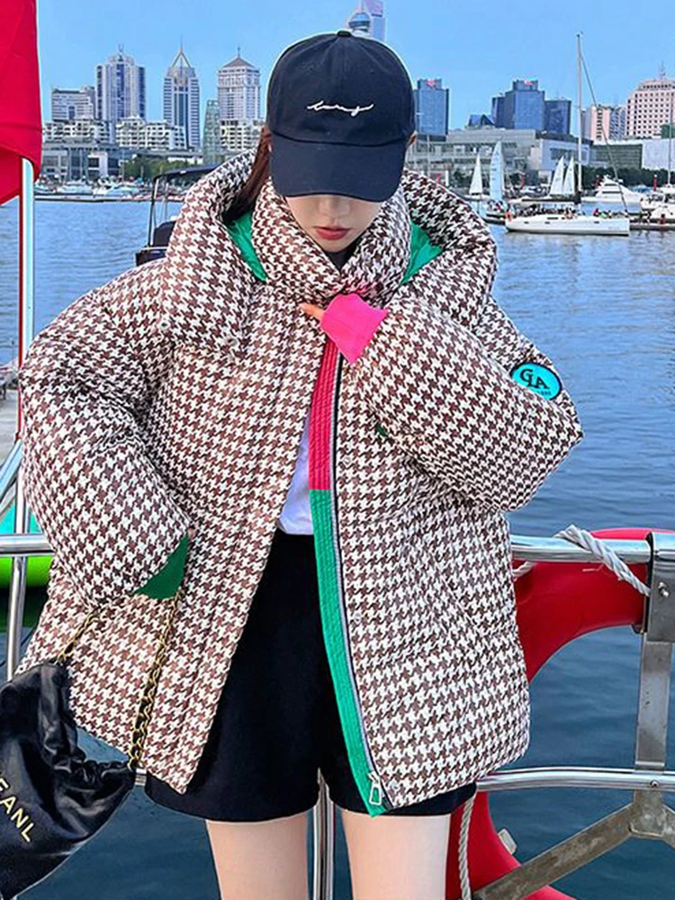 

Клетчатая куртка, толстая парка с хлопковой подкладкой, модная свободная парка оверсайз с капюшоном, свободная стирка, женские зимние пуховики