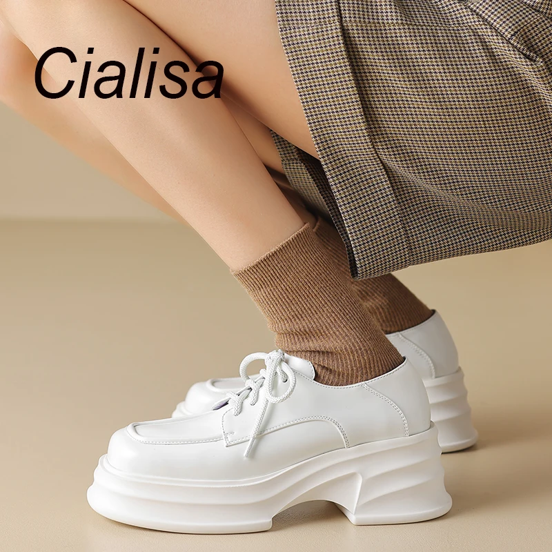 

Женские туфли на массивном каблуке Cialisa, черные повседневные лоферы из натуральной кожи на платформе с квадратным носком, весна