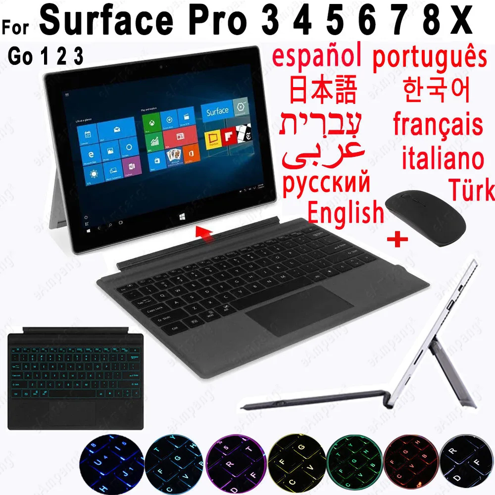 For Microsoft Surface Pro 3 4 5 6 7 8 X Go 1 2 3 Keyboard Russian Spanish Arabic Hebrew Korean German French AZERTY