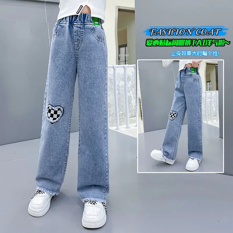 

Girl Spring Autumn Japanese Korean Style Straight Wide Leg Pants Fashion Kids Denim Jean Teenager Casual Trousers 5-14Years Old