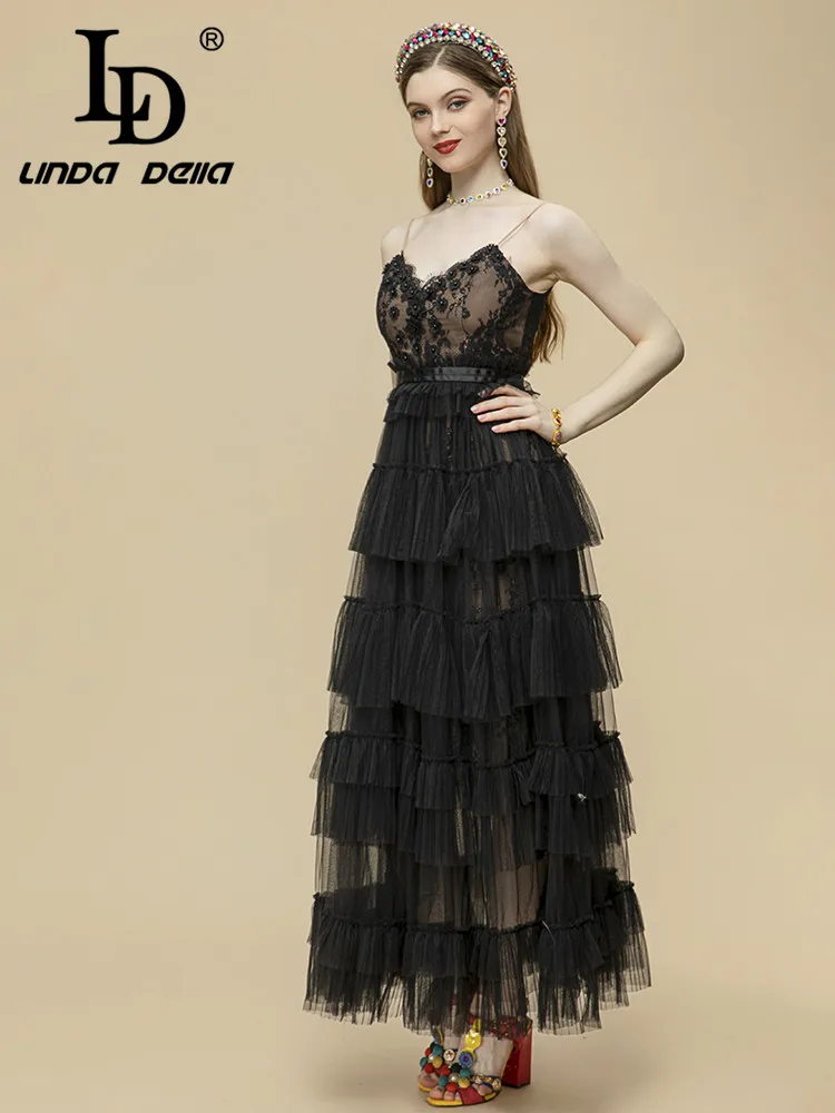 LD LINDA DELLA Designer 2023 Summer Black Dress Women's Luxury Diamonds embroidery Mesh Spaghetti Strap Sexy Party Dress