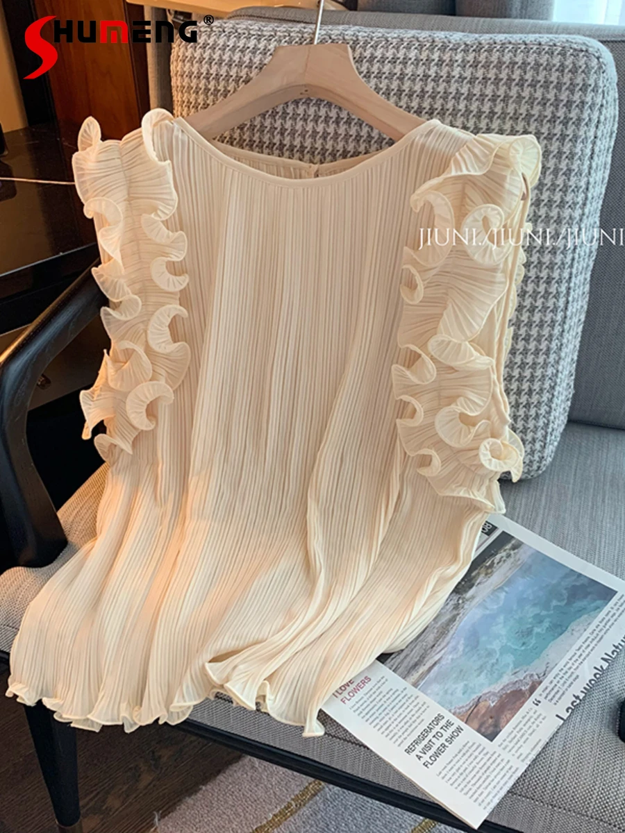 Apricot Fashion Gentle Ruffles Sleeveless Chiffon Blouses Top Women's 2022 Summer New French Cute Pleated O-neck Pullover Shirt