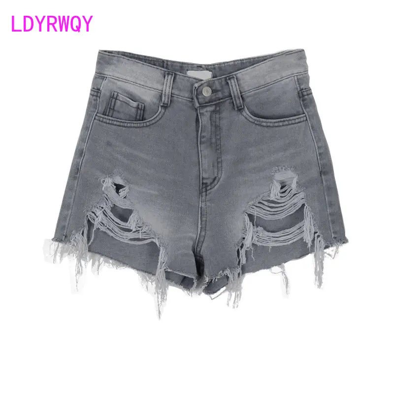 Denim shorts for women's summer new Korean version loose and handcrafted, worn out trend, wide legs, high waist