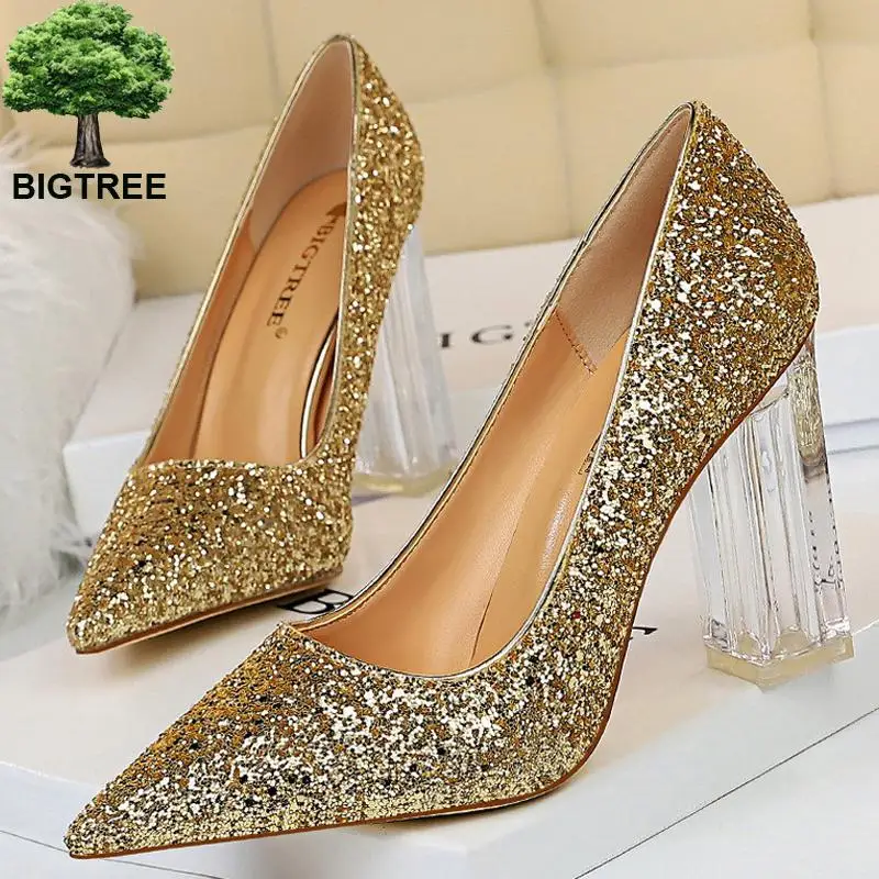 Туфли Bigtree женские на прозрачном каблуке свадебные туфли-лодочки с блестками