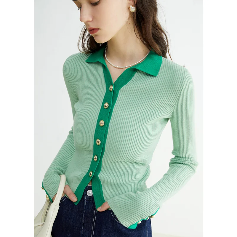 

Women's Clothes Green Sweater Color Contrast American Fashion Vintage Leisure Spring Knitting Long Sleeve Single Breasting Tops