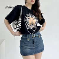 2022 womens summer new print t shirt trend personalized metal chain print round neck short open navel t shirt top y2k clothes