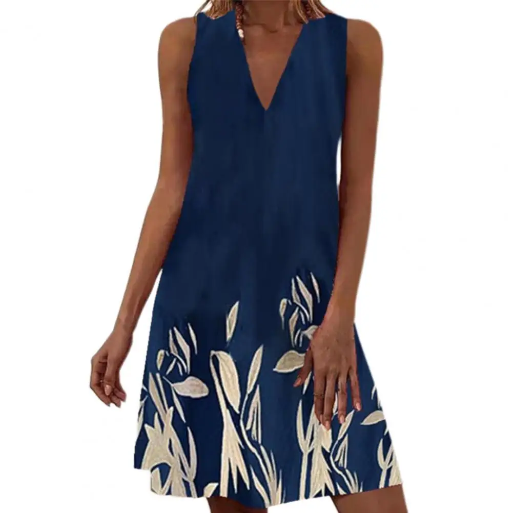 

New Women Vest Dress Mini Dresses Floral Print Deep V Neck Sleeveless Loose Summer Beach Party Dress for Daily Wear