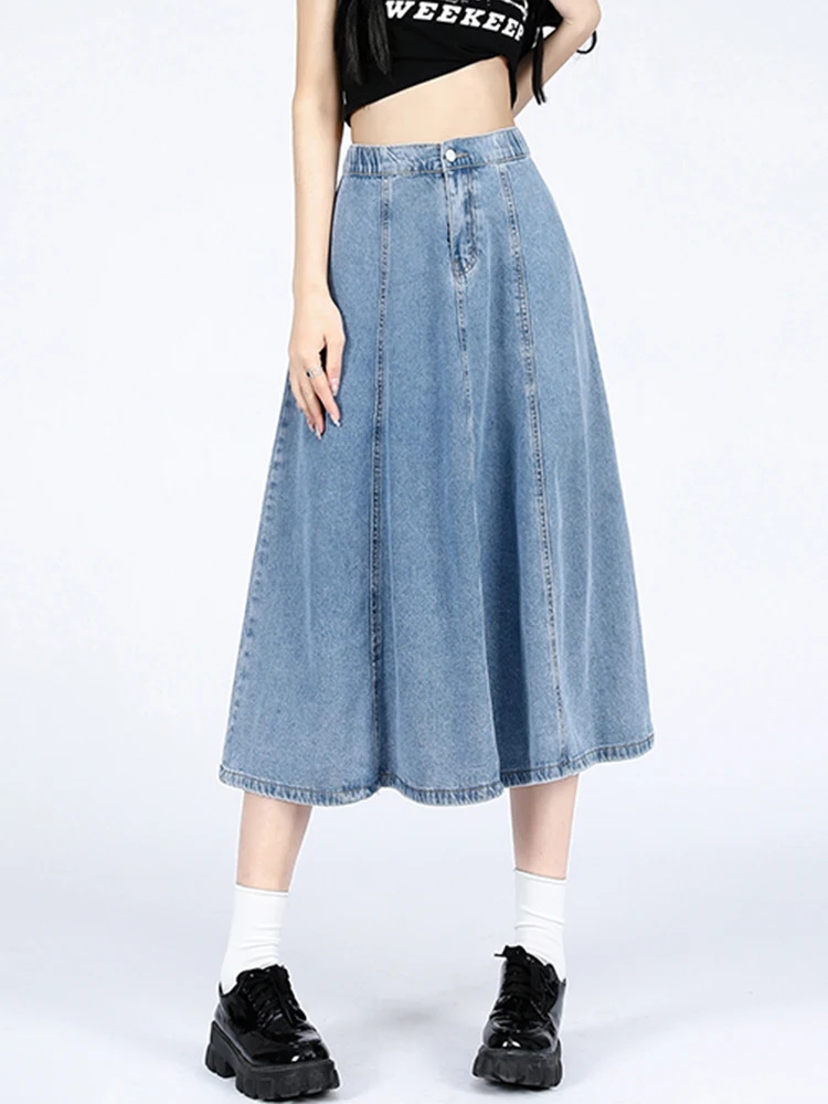 

Fitaylor новая весенняя Летняя женская винтажная тонкая джинсовая юбка с высокой талией, женская модная повседневная однотонная длинная юбка трапециевидной формы