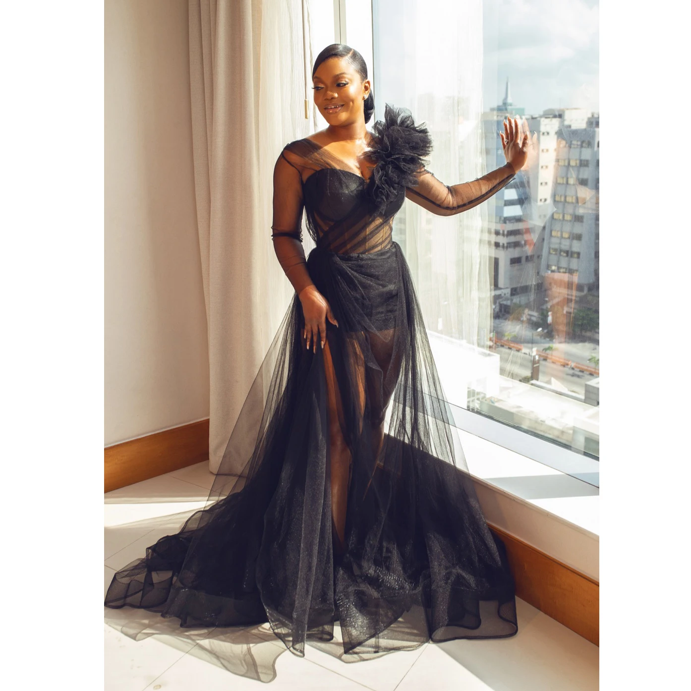 Sexy Black See Thru Tulle Long Bridal Gowns Full Sleeves A-line Illusion African Party Dress Ruched Mesh Women Maxi Dresses