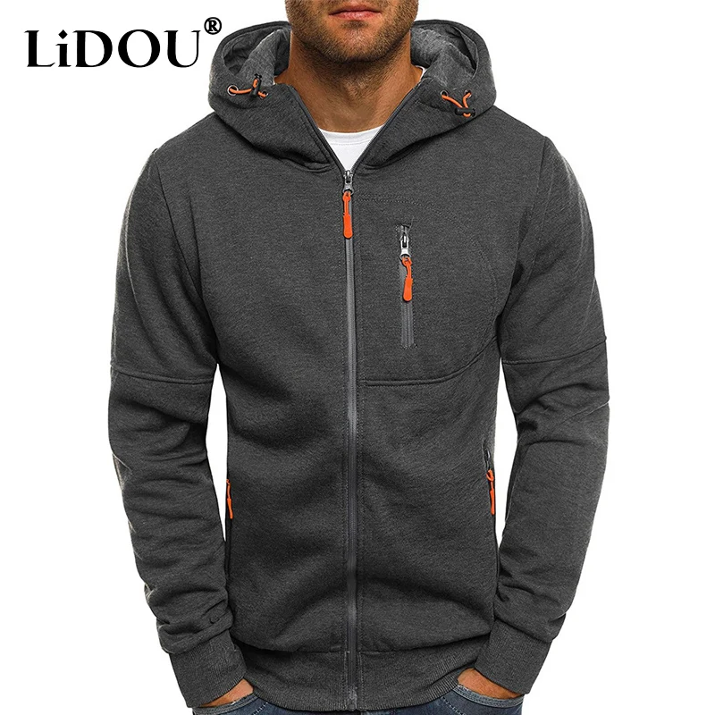 

Spring Autumn New Solid Color Hooded Drawstring Long Sleeve Sweatshirts Man Fashion Zipper Pockets Street All-match Cardigan
