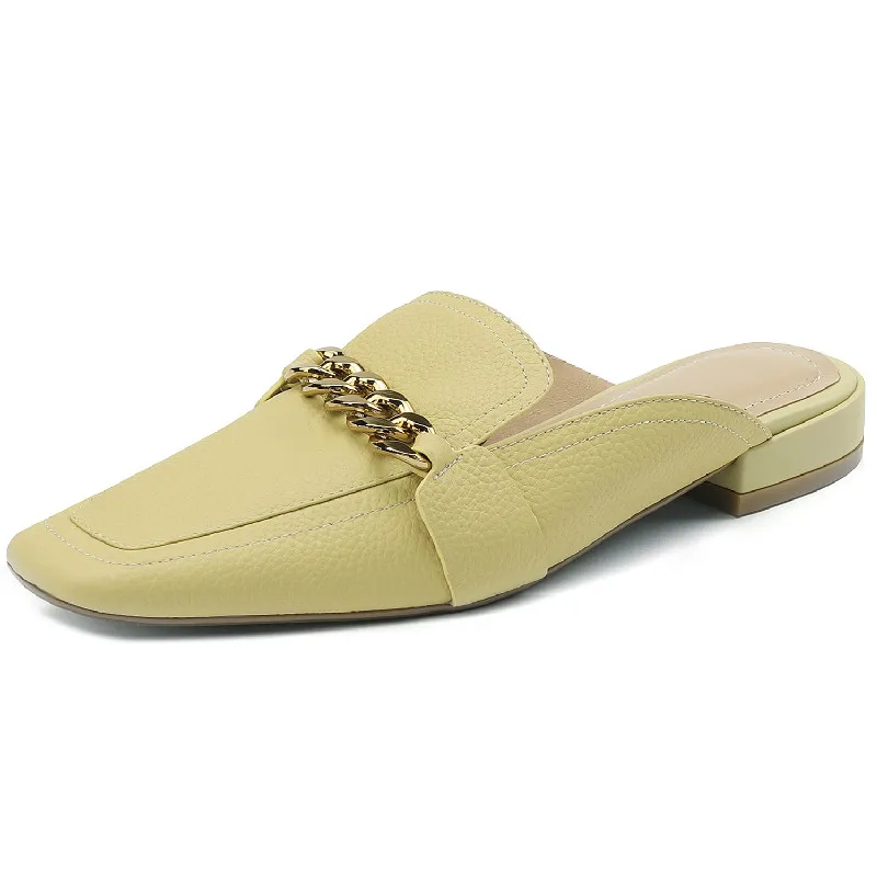 

Dilalula Square Toe Low Heels Mules Women Sandals Genuine Leather Slippers Fashion Chain Shoes Woman Spring Summer Casual Office