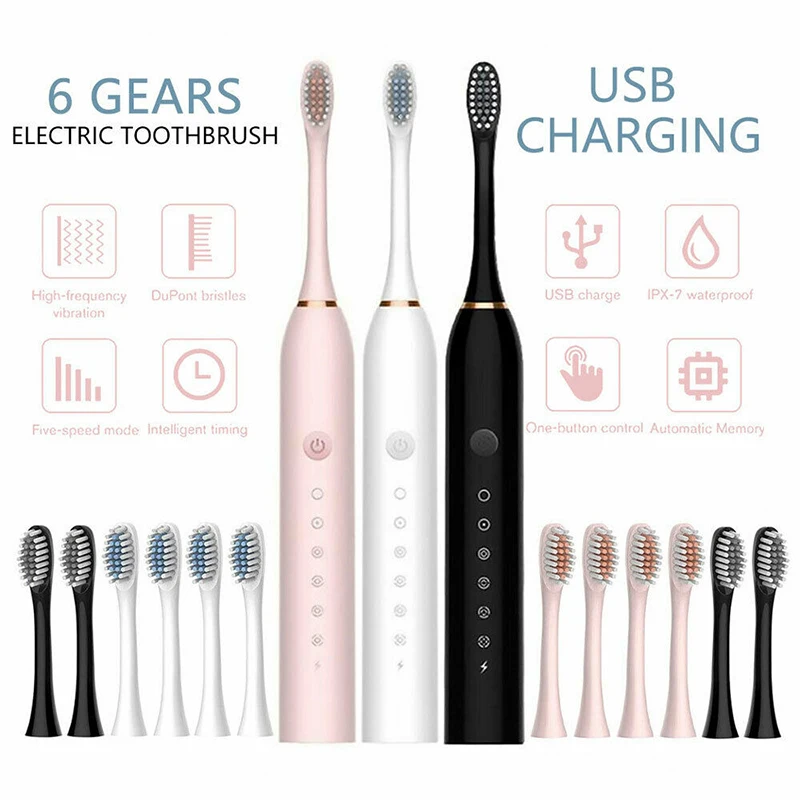 

Electric Toothbrush Washable Electronic Whitening Teeth Brush Adult Timer Toothbrush6 Modes Waterproof 4*Replacement Brushheads