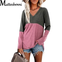 spring autumn long sleeve tops 2022 new vintage women contrasting colors patchwork print t shirt casual v neck loose female tee