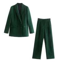 maxdutti ins fashion blogger retro double breasted blazer women jacket high waist straight casual suits pants 2 pieces sets