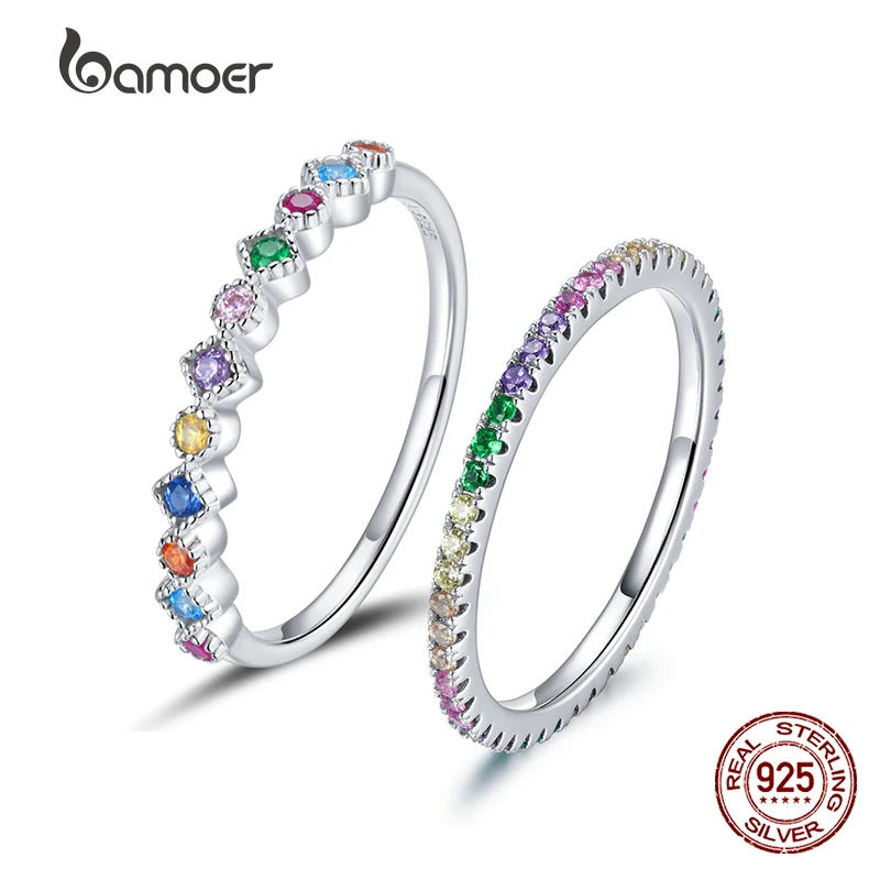 

BAMOER Rainbow Color CZ Finger Rings for Women Stackable Wedding Statement Colored Authentic Sterling Silver 925 Jewelry SCR583