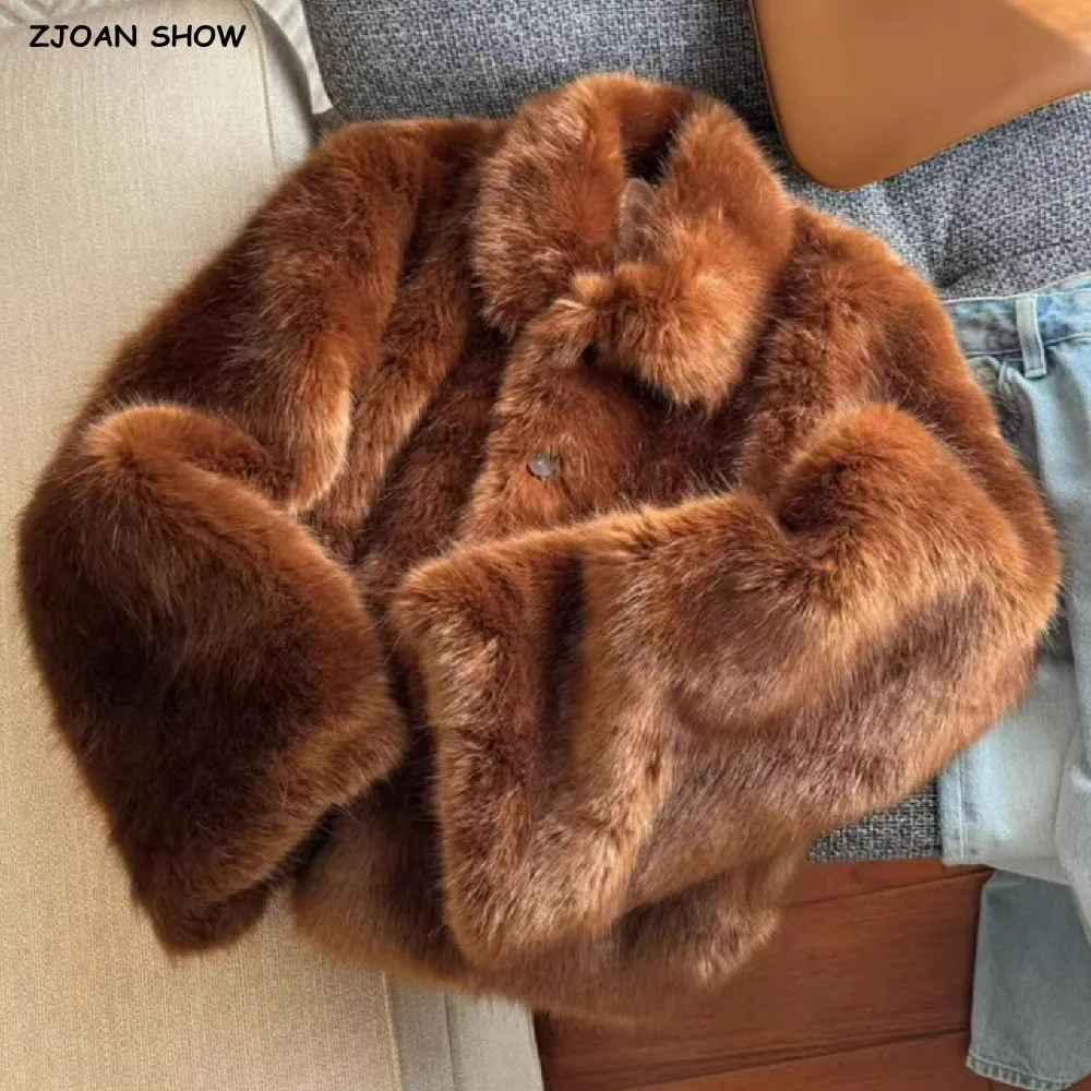 Зимнее коричнево-оранжевое пальто с отложным воротником и лацканами волосатое