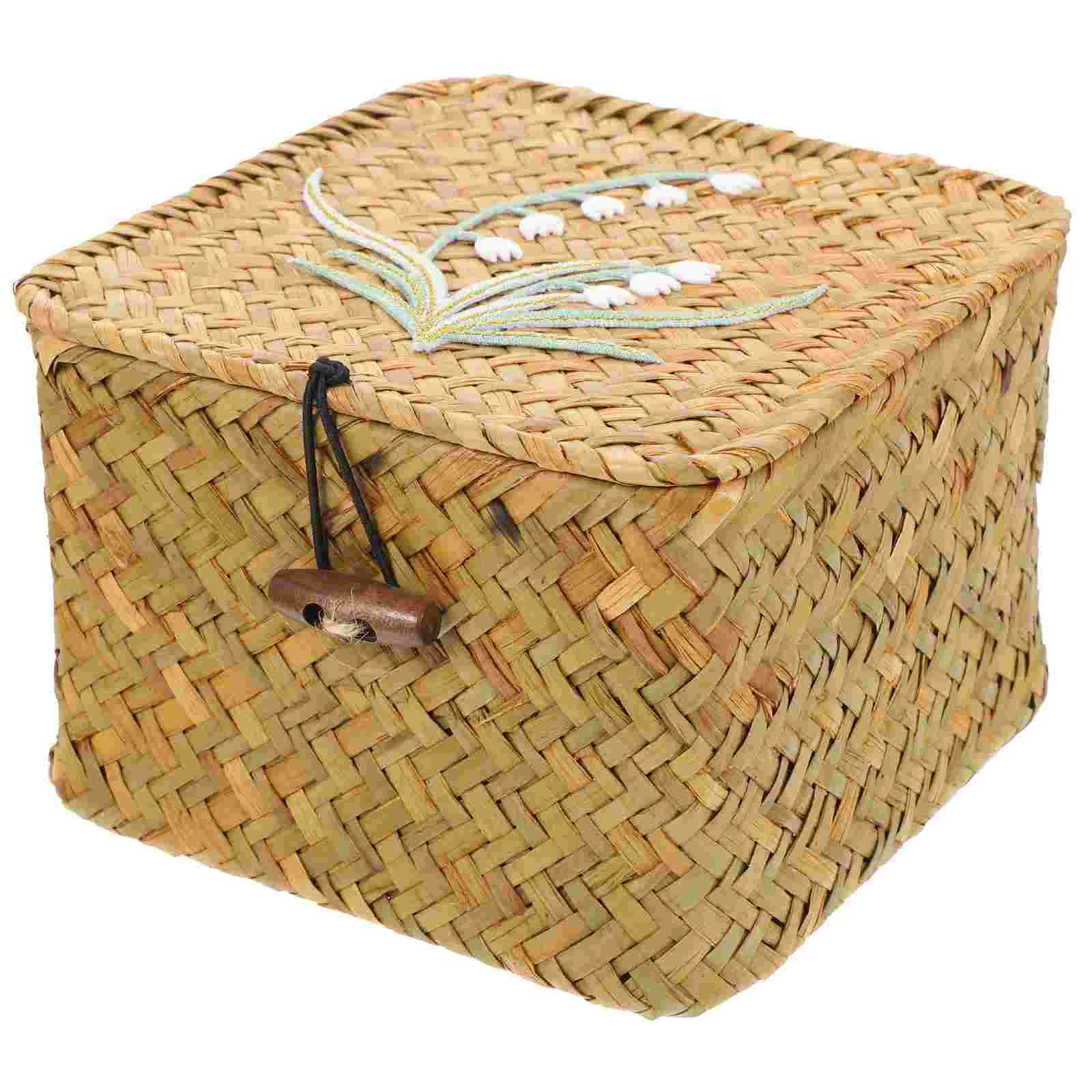 

Gift Box Straw Embroidery Woven Storage Basket Lid Seagrass Bins Dried Seaweed Sundry Organizer