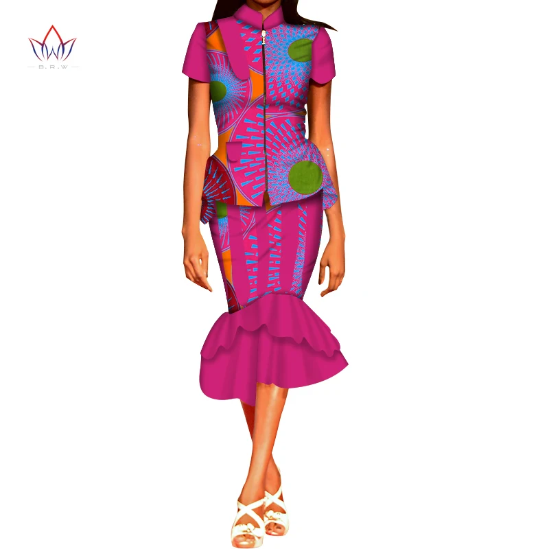 

Women clothes 2021 short sleeve African Wear For Women Dashiki Print Tops And Skirt Set Casual Bazin Riche suit 2 pcs WY6032