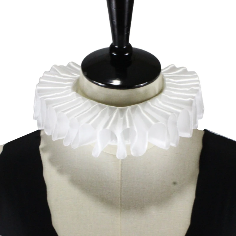 

652F Women Romantic Ribbon Bow Ruffled Fake Collar Victorian Renaissance Neck Ruff White Satin Clown Choker Cosplay Costume