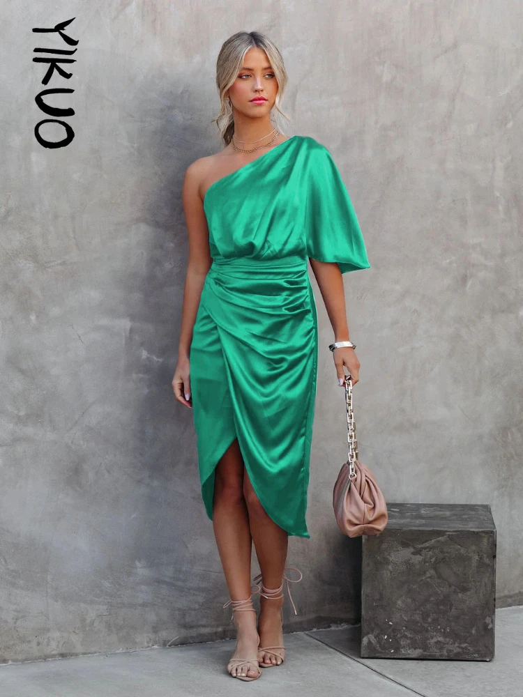 

YIKUO One Shoulder High Split Party Dress for Women 2022 Summer New Bodycon Sexy Bandage Dresses Satin Silk Short Sleeves Robe