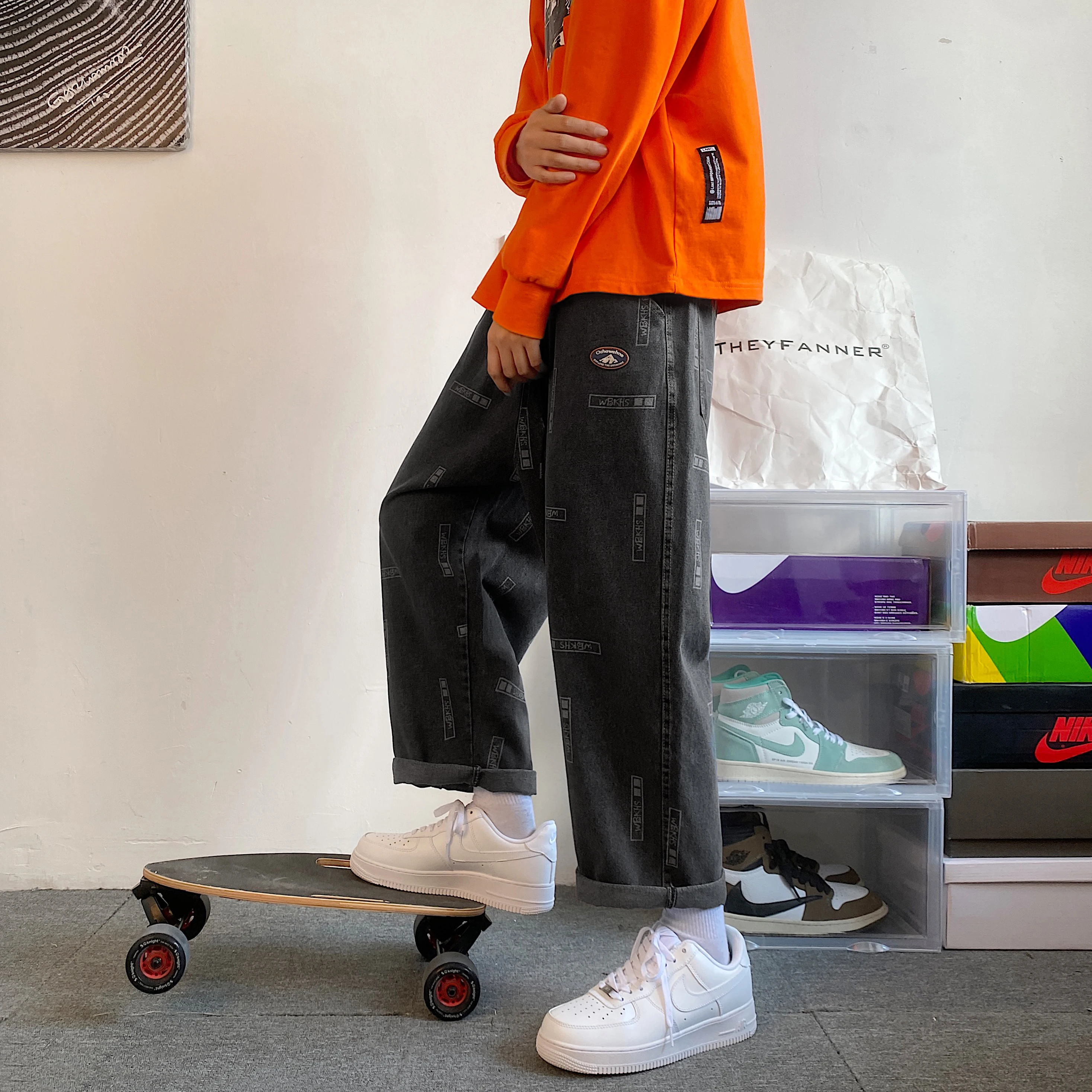 High Street Letter Print Straight Baggy Black Jeans For Men Casual Korean Fashion Denim Trousers Y2K Streetwear Clothings