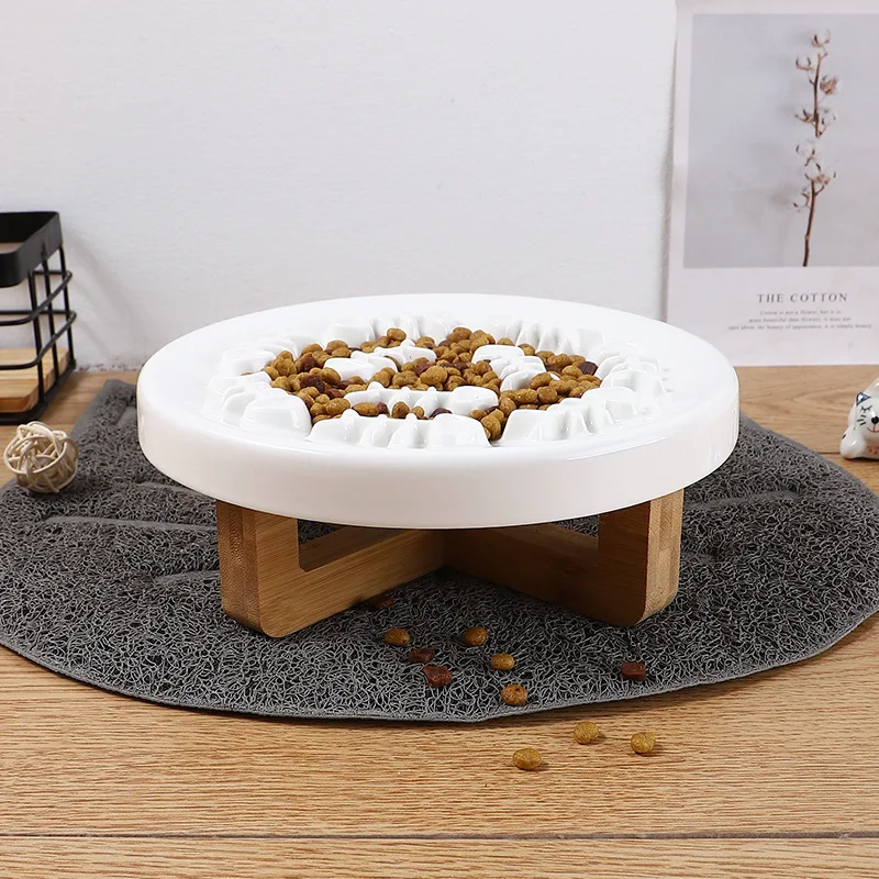 

Solid Wood Heightened Cat Dog Ceramic Anti-choking Slow-food Bowl Neck Slow-feeder Anti-skid Anti-overturning Small Dog Plate