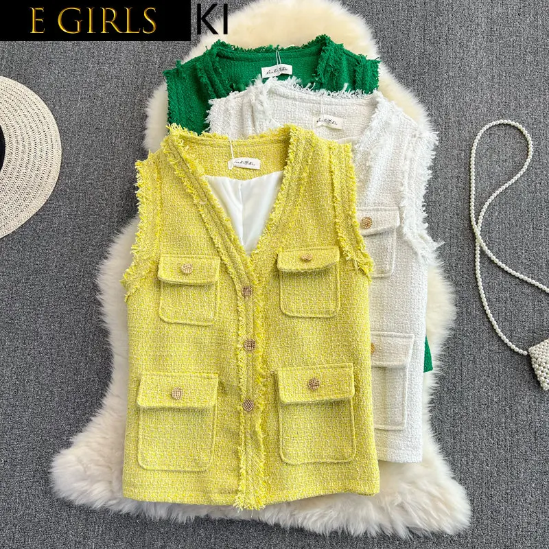 

E GIRLS French Chic Vintage Tweed Vest Women Simple V Neck Sleeveless Loose Casual Waistcoat Autumn Winter 2023 Elegant Vintage