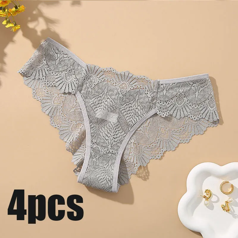 

SVOKOR 4PCS/Set Sexy Hollowed Out Lace Briefs Traceless Mid-waist Breathable Comfortable Skin-friendly Bag Buttock Women Panties