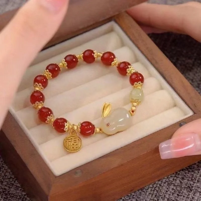 

New Year Lucky Rabbit Beaded Bracelet For Women Elegant Red Beads Fu Letter Charm Bracelet Chinese Zodiac Jewelry Festive Gifts