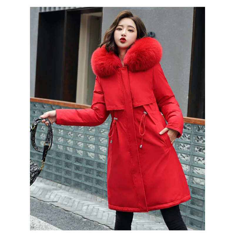 2023 New Fashion Mid-Length Parka Women Stitching down Cotton-Padded Jacket with Fur Collar Loose Comfortable Large Size Coat