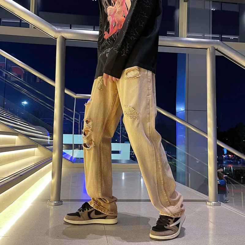 Summer Hole Baggy Jeans Men's Fashion Retro Straight Jeans Men Streetwear Loose Hip Hop Ripped Denim Trousers Men Pants M-3XL